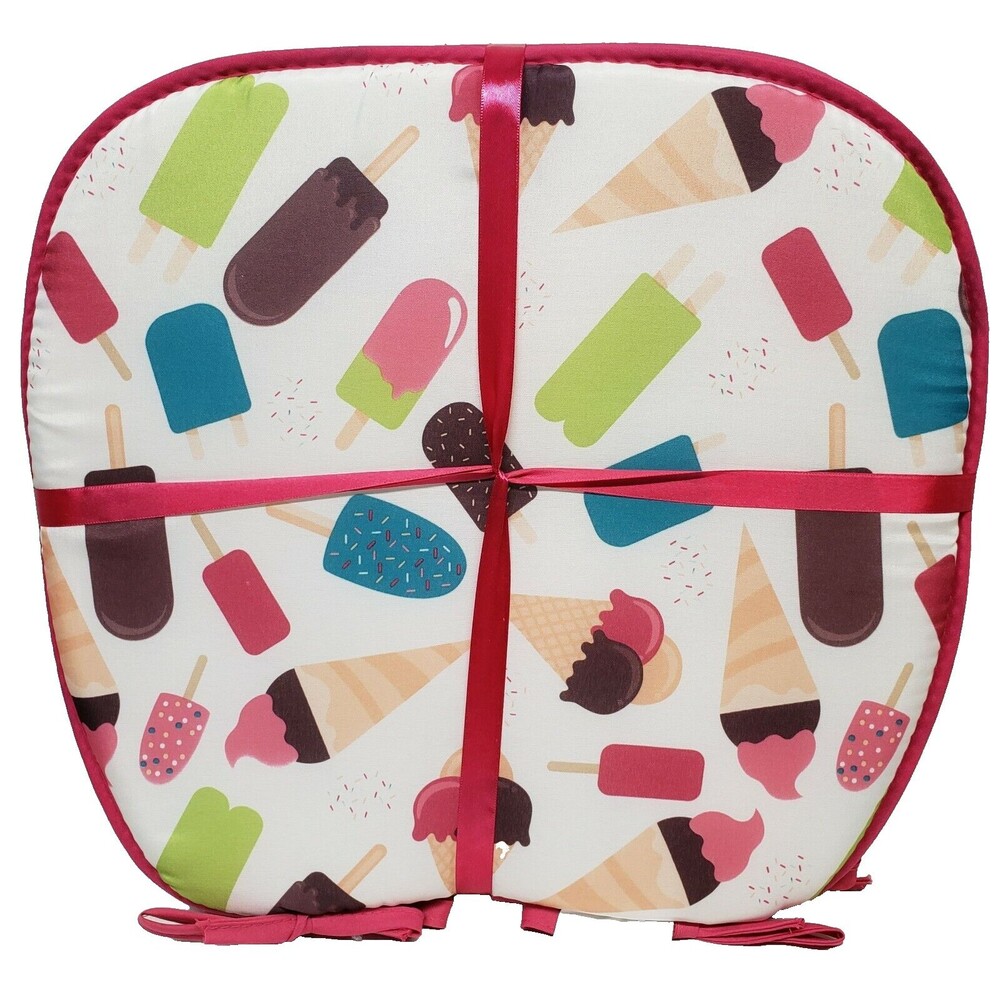 Set of 4 CHAIR PADS CUSHIONS w/pink ties,15" x 15", ICES & ICE CREAM BARS, BH